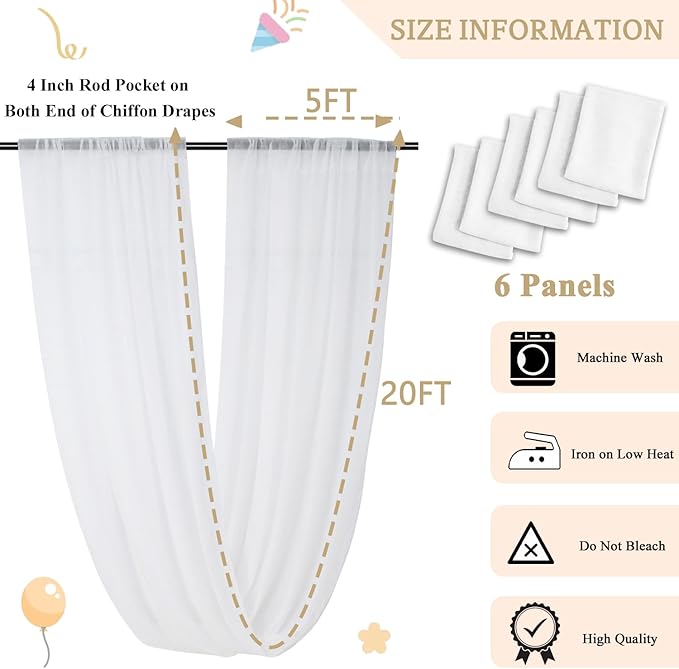 MODFUNS White Ceiling Drapes for Weddings 5x20FT 6 Panels Sheer Chiffon Ceiling Curtain Wedding Arch Draping Fabric Tulle Curtain Drapery Elegant Scarf Drapes Fabric for Bridal Baby Shower Arbor Drape