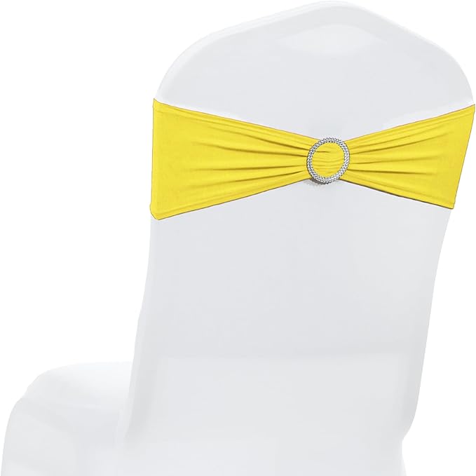 MDS Pack of 150 Spandex Chair Sashes Bows Universal fits Elastic Stretch Chair Bands Ties with Buckle Slider Bow for Wedding Decoration Spandex Slider Sashes Bow - Yellow