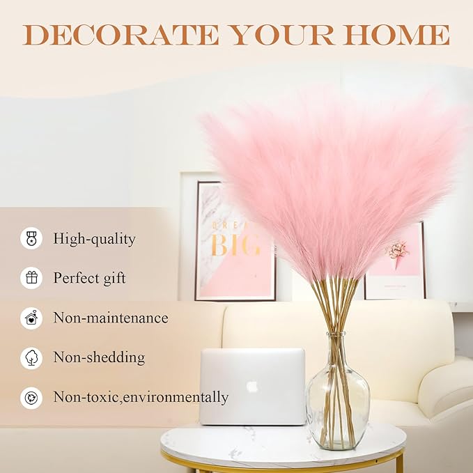 43" Pink Pampas Grass Decor - 8pc Tall Faux Fluffy Pampas Grass for Wedding, Boho, Home, Baby Shower, Mother's Day Decor