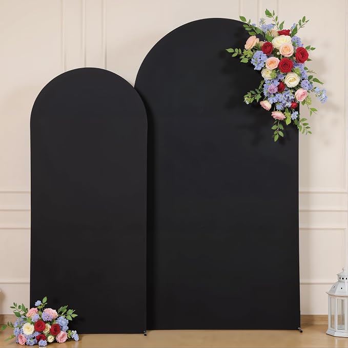 Black Arch Backdrop Cover for Wedding, Set of 2 Stretchy Spandex Fitted Arch Stand Cover for Baby Shower, Birthday Party Decor, Chiara Backdrop Cover with Double-Sided Design(7.2FT 6FT, Black)