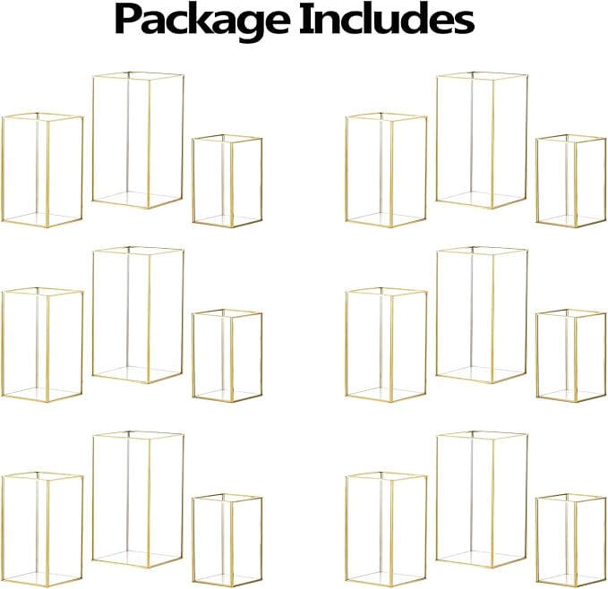 Hewory Glass Hurricane Candle Holder Set of 18, Gold Large Hurricane Centerpiece for Table, Tall Floor Square Pillar Candle Holders Lantern Set for Wedding, Anniversary, Party, Fireplace, Dining Room
