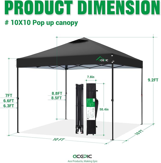 10x10 Pop Up Canopy Tent,300D Silver-Coating Top,Pop Up Canopy Tent Instant Portable Shelter with 1-Button Push and Wheel Carry Bag, 8 Stakes and 4 Upgrade Heavy Duty Canopy Weights (Black)
