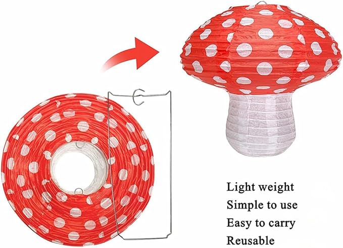Folding Mushroom Paper Lantern Reusable Hanging Ornament Lamp Cover for Forest Garden Wonderland Theme Birthday Party Decoration Supplies (8 and 12 inches;8pcs)