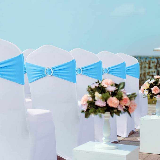 Babenest Spandex Chair Sashes Bows 50PCS Premium Stretch Chair Cover Band with Buckle Slider Universal Elastic Chair Ties for Wedding Party Ceremony Reception Banquet Decoration (Sky Bule)