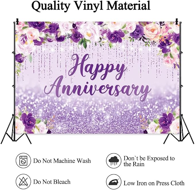 10x7ft Happy Anniversary Backdrop, Floral Glitter Backdrop for Women Wedding Anniversary Decoration Violet and Pink Flowers Photography Background Cake Table Banner Party Decor