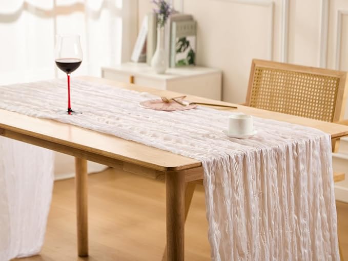 10 Pack White Spring Table Runner Boho Cheesecloth Table Runners Bulk 10 ft Gauze Sheer Mother's Day Table Centerpieces for Wedding Ceremony Anniversary Bridal Baby Shower Banquet