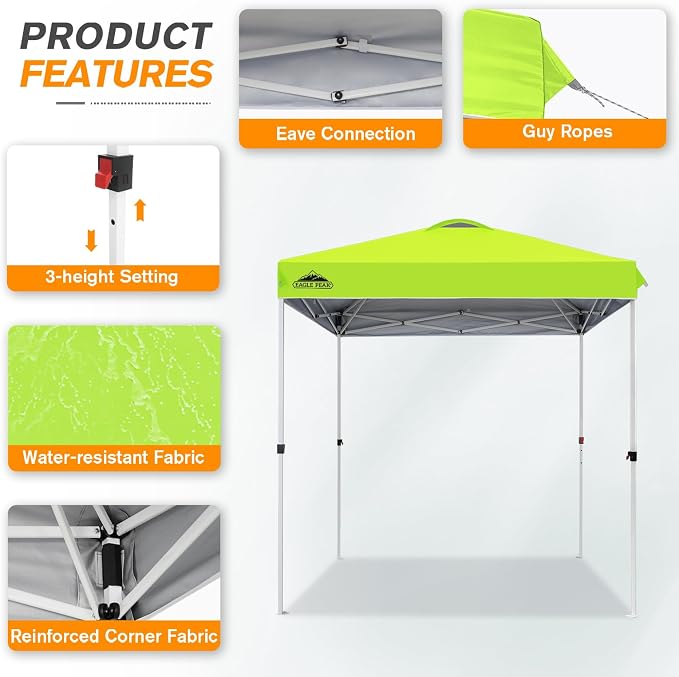 EAGLE PEAK Pop Up Canopy Tent with Wheeled Carry Bag, 8 Stakes, 4 Ropes, Easy Set Up Tent Canopy, 6.6x6.6 ft, Neon Green