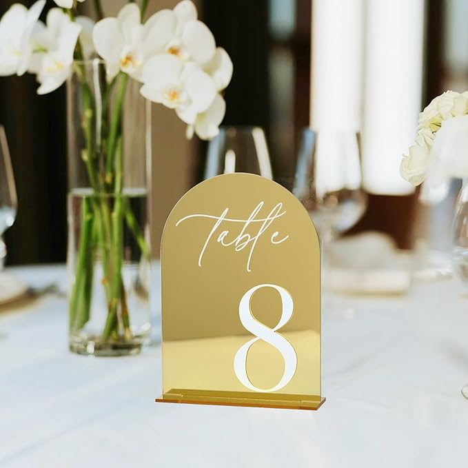 Gold Mirror Arch Acrylic Wedding table numbers 1-15 with Stands, 5"x7" Arched Acrylic Signs with White Numbers, Gold Mirror Table Numbers for Reception, Party, Anniversary, Event