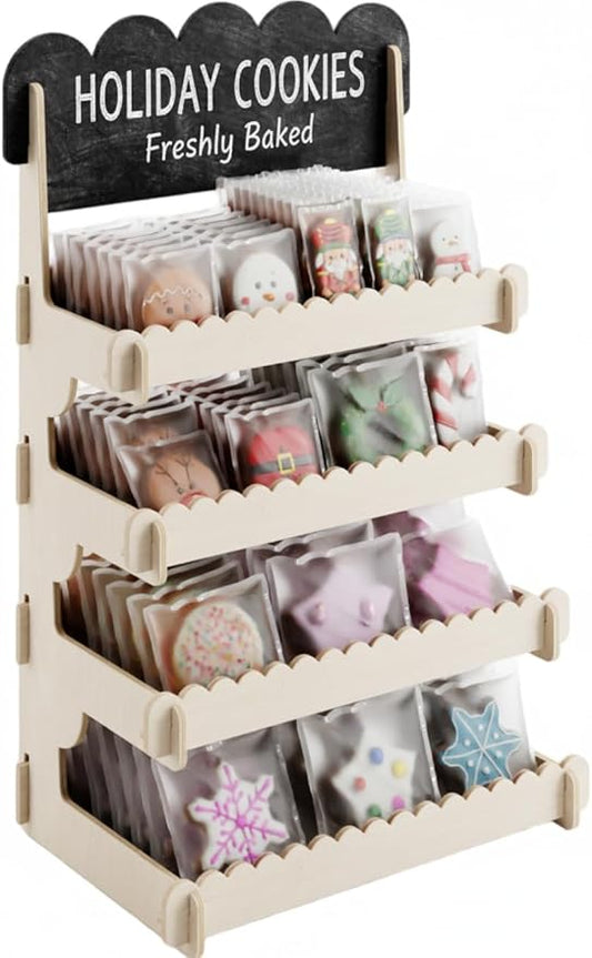 HOTCAN Cookie Display Stand for Bakers & Vendors - Wooden Cookie Stand with Chalkboard Sign for Market Booths, Craft Fairs & Events - Tiered Cookie Display for Cupcakes, Muffins & Pastries 4 Tier (Natural)