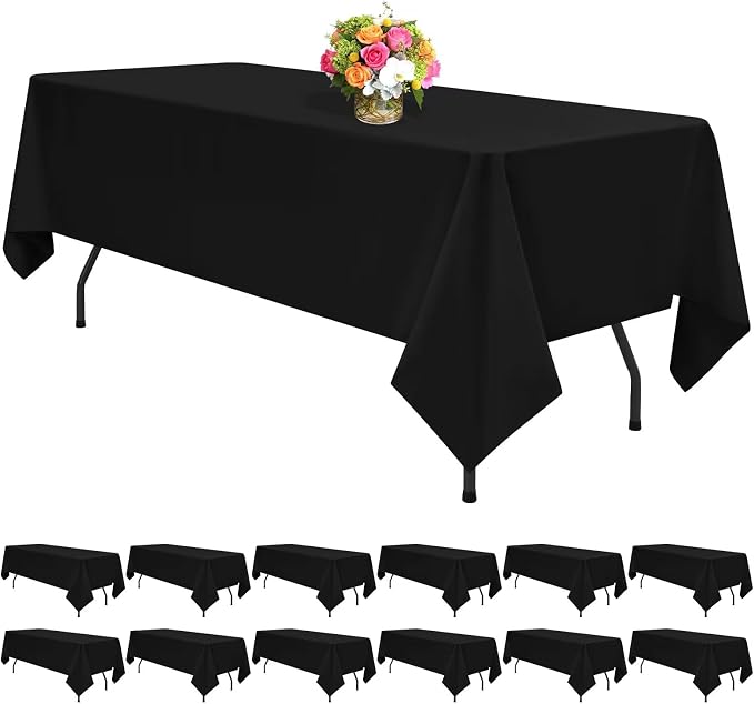 12 Pack Black Tablecloths for Rectangle Tables 60 x 102 Inch Black Polyester Tablecloth 6 Foot Rectangle Table Cloth Wrinkle Resistant Washable Fabric Table Cover for Party Wedding Banquet Events