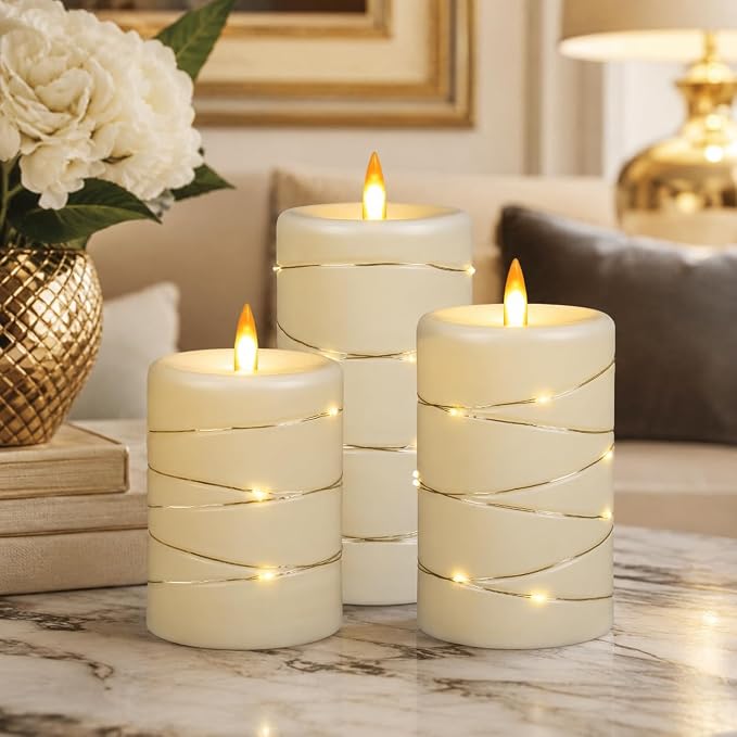 Da by 3 Pack Ivory Flameless Taper Candles, Realistic Flickering LED Candles with Surrounding Fairy String Lights, Heat Resistant ABS Battery Candles with Remote for Indoor Outdoor Decor