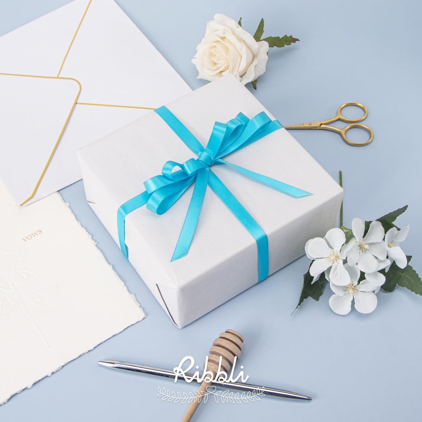 Ribbli Double Faced Turquoise Blue Satin Ribbon,3/8” x Continuous 25 Yards,Use for Bows Bouquet,Gift Wrapping,Floral Arrangement