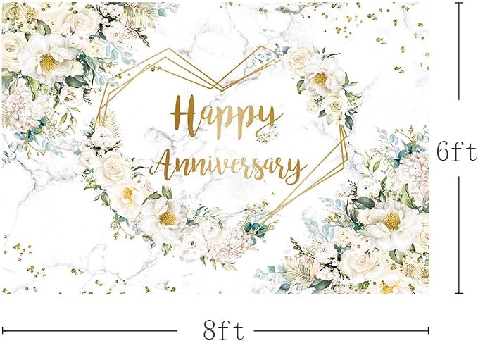 MEHOFOND 8x6ft Happy Anniversary Backdrop White Floral Wedding Anniversary Photography Background Hearts Geometric Couple Wedding Bridal Shower Women Birthday Party Cake Smash Decor Studio Photo Prop
