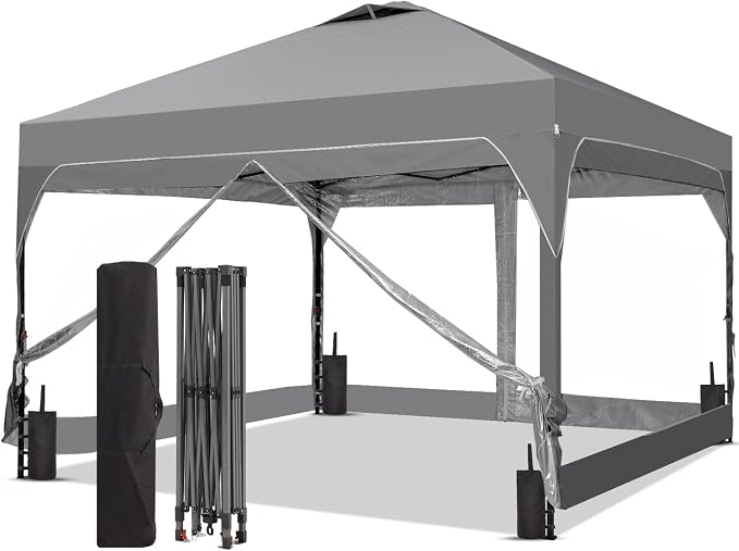10x10FT Canopy Tent, 1-Button Push Instant Pop Up Canopy with 4 Sandbags, Easy Setup Outdoor Gazebo Shelter (Grey, 10x10 with PVC Sidewalls)