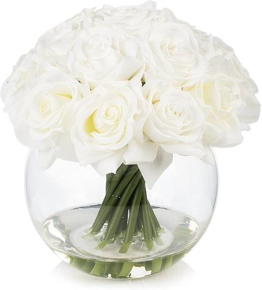 ENOVA FLORAL 16 Heads Silk Rose Artificial Flowers in Vase,Faux Rose Flowers Arrangement in Round Bowl Vase with Faux Water for Table Decor Centerpieces (White)