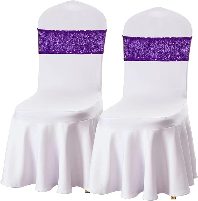 SquarePie Sequin Chair Sashes Bows 50 Pack Purple Shiny Chair Covers Bands for Wedding Banquet Party Decor