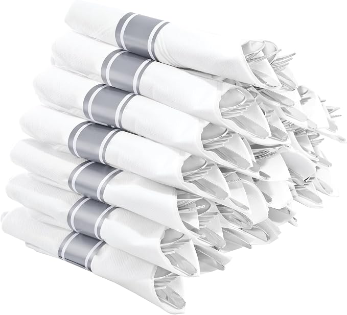 Supernal Pre Rolled Silver Plastic Silverware Set of 30 Wrapped Cutlery,Heavy Duty Disposable Wrapped Cutlery Set for Business Banquets, Weddings, Mother's Day,Graduations & 2026 Events