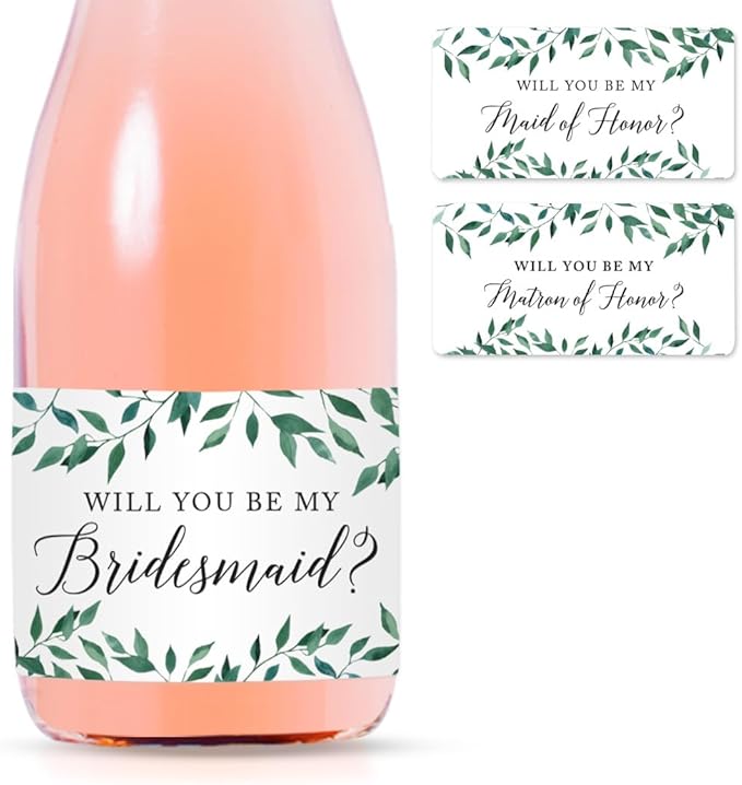Andaz Press Mini Champagne Wine Bottle Proposal Labels, Will You Be My Bridesmaid? Matron Maid of Honor?, Greenery Green Leaves, 20-Pack, Stickers