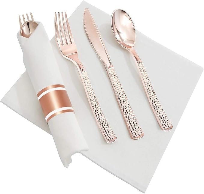 Supernal 360pcs Rose Gold Plastic Silverware, Heavy Duty Disposable Cutlery | Hammered Flatware Cutlery (120 Forks, 120 Knives, 120 Spoons) Bulk Pack for Weddings, Birthdays, and Holiday Theme Parties
