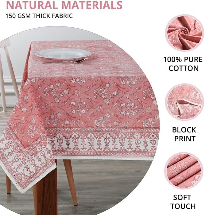 Ridhi Sweet Pink Hand Block Print Cotton Rectangle Tablecloth 102" x 48" inches Reusable Table Cover Decorative Everyday Use for Dining Room, Farmhouse, Home Gift for Spring, Mother's Day