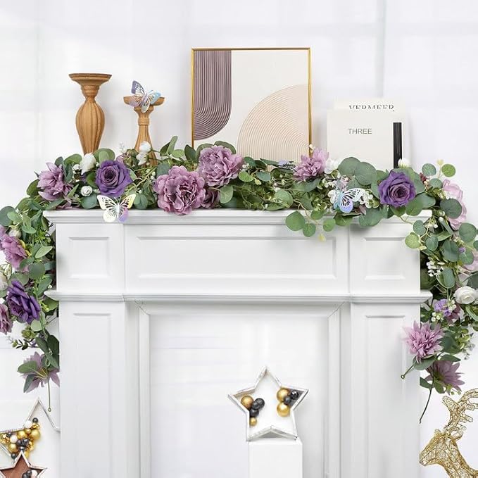 12FT Artificial Eucalyptus Flower Garland with Butterflies - Pack of 2 Fake Rose Garland Faux Greenery Eucalyptus Garlands for Wedding Table Backdrop Centerpieces Decorations - Light Purple & Purple