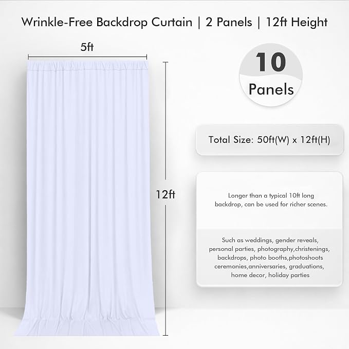 50ftx12ft Wrinkle Free White Backdrop Curtain, 10 Panels 12FT Height White Drapes for Wedding, Silky Polyester Photo Back Drop Cloth Draping for Birthday Party Photography Background