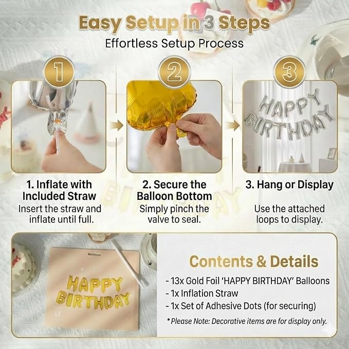 Gold Happy Birthday Banner Foil Letter Balloon, 14 Inch 3D Inflatable Party Decor Reusable Mylar Foil Letters, Birthday Decorations for Women Men Kids (Birthday Banner 2)