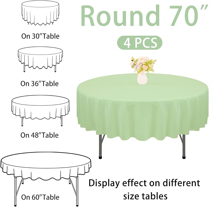 4 Pack Round Tablecloth 70 Inch Polyester Washable Fabric Table Covers for Wedding Dining Table Buffet Parties Banquet（Round 70 Sage Green）