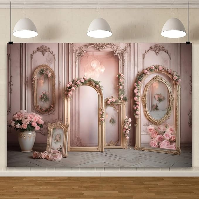 YongFoto European Retro Elegant Room Interior Wall Backdrop 5x3ft French Arched Oil Painting Frame Floral Vase Garland Photography Background Wedding Party Home Art Decor Portrait Photoshoot Props