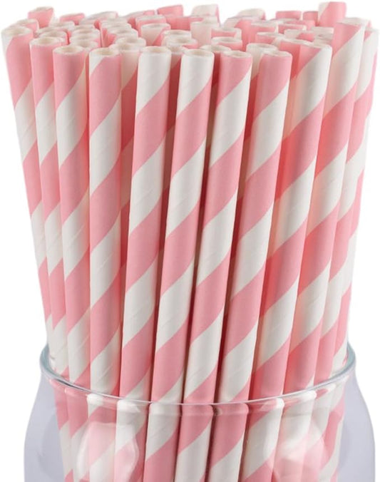 PakTalk 100 Pack Baby Pink Paper Straws for Drinking, Disposable and Biodegradable, Food Grade Material, Eco-Friendly Straws for Birthdays, Weddings, Baby Showers (0.24" x 7.75")