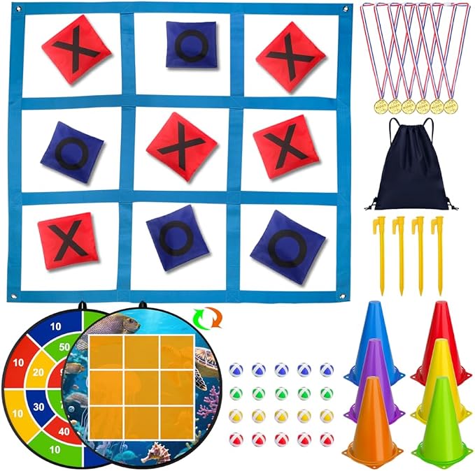 Carnival Games Set, Outdoor Giant Tic Tac Toe Games, Soft Plastic Cones Bean Bags Ring Toss Game Combo Set, 26" Dart Board with Sticky Balls for Kids Adults Family Indoor Lawn Yard Birthday Party