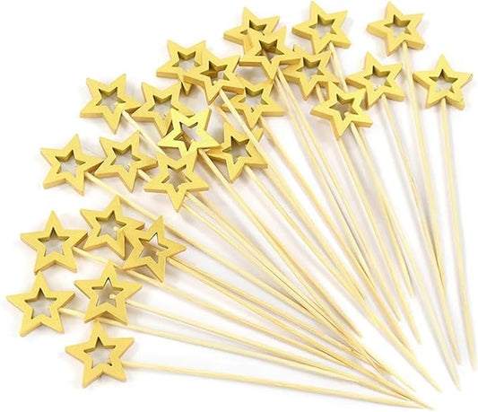 Durable 200Pcs Star Disposable Bamboo Skewers Buffet Fruit Food Picks Cocktail Sticks Christmas Decoration Birthday Wedding(Gold)