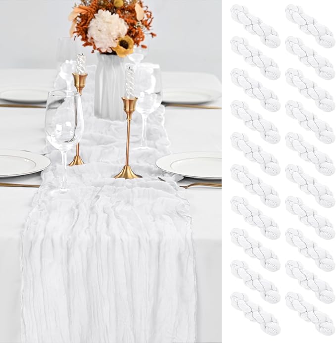 20 Pack White Table Runner 10Ft Cheesecloth Table Runner Boho Gauze Table Runners Romantic Long Sheer Fabric Cheese Cloth Table Runners for Wedding Party Bridal Shower(White)