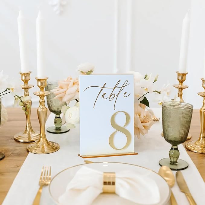 Acrylic Wedding Table Numbers 1-10 with Stands, 5"x7" White Acrylic Signs with Gold Mirror Fonts, White and Gold 3D Table Numbers for Wedding Reception, Anniversary, Event