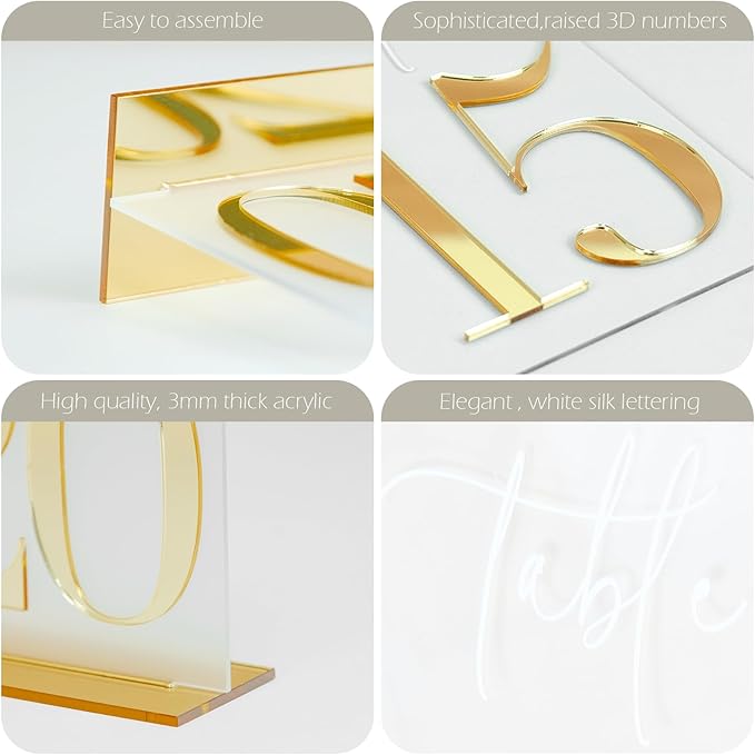 HOODO Frosted Arch Acrylic Wedding Table Numbers 1-15 with Stands, 5"x7" Arched Acrylic Signs with 3D Gold Numbers, Frosted 3D Table Numbers for Wedding Reception