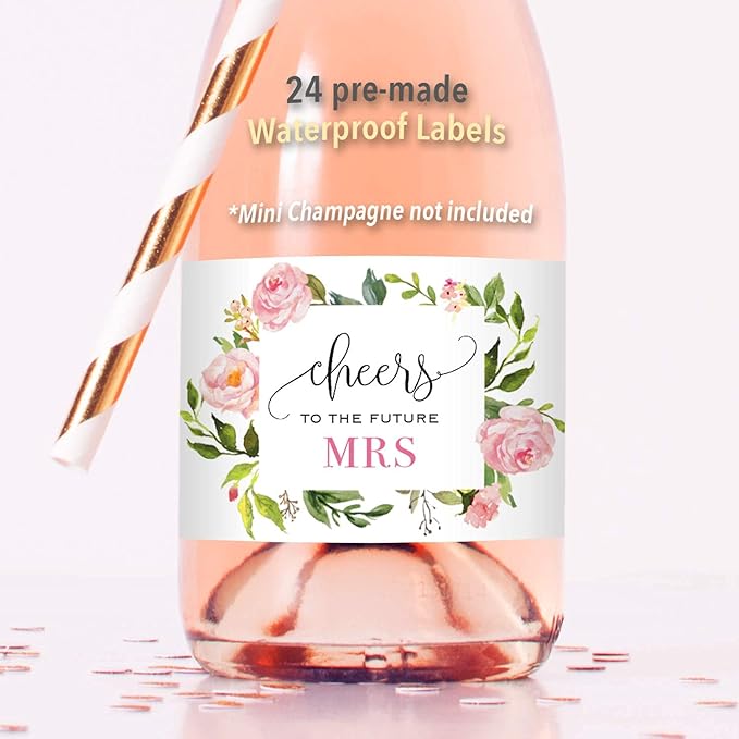 Cheers to the Future Mrs. - 24 Mini Champagne Bottle Labels, Waterproof Mini Wine Bottle Labels for Bridal Shower Bachelorette Party (Pink Floral, 24 Mini Bottle Labels)