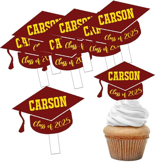Graduation Cupcake Toppers Class of 2025 Red School Colors Student or School Party Acrylic Food Picks or Cake Accessories Personalized with Custom Name - 12 Piece Set
