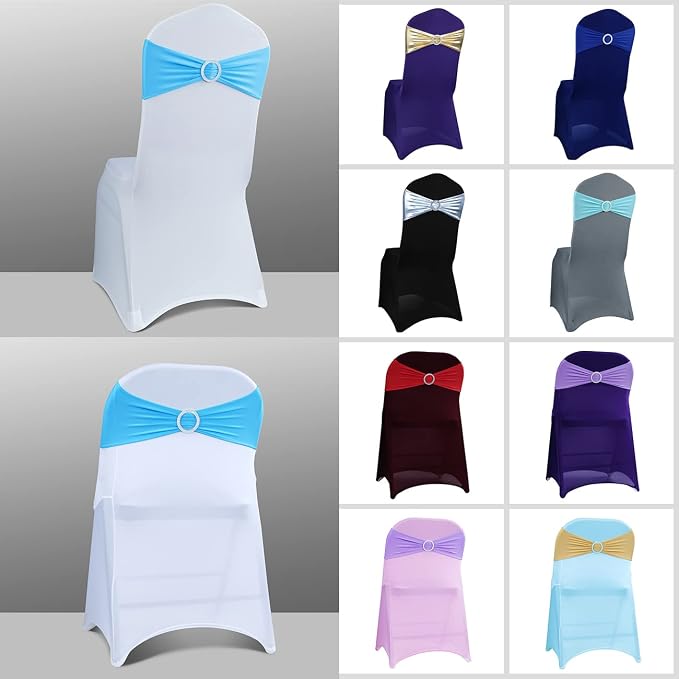 Babenest Spandex Chair Sashes Bows 50PCS Premium Stretch Chair Cover Band with Buckle Slider Universal Elastic Chair Ties for Wedding Party Ceremony Reception Banquet Decoration (Sky Bule)