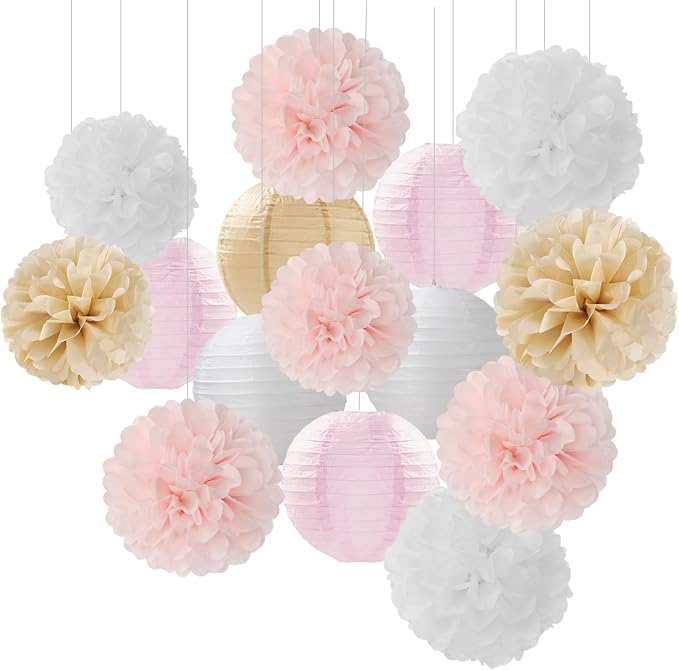Light-Pink Gold White Party-Decorations Paper-Flowers Lanterns Panduola | 15pc Boho Tissue Pom Poms Streamers,Birthday Bachelorette Bridal Baby Shower Engagement Wedding Graduations Decor Panduola