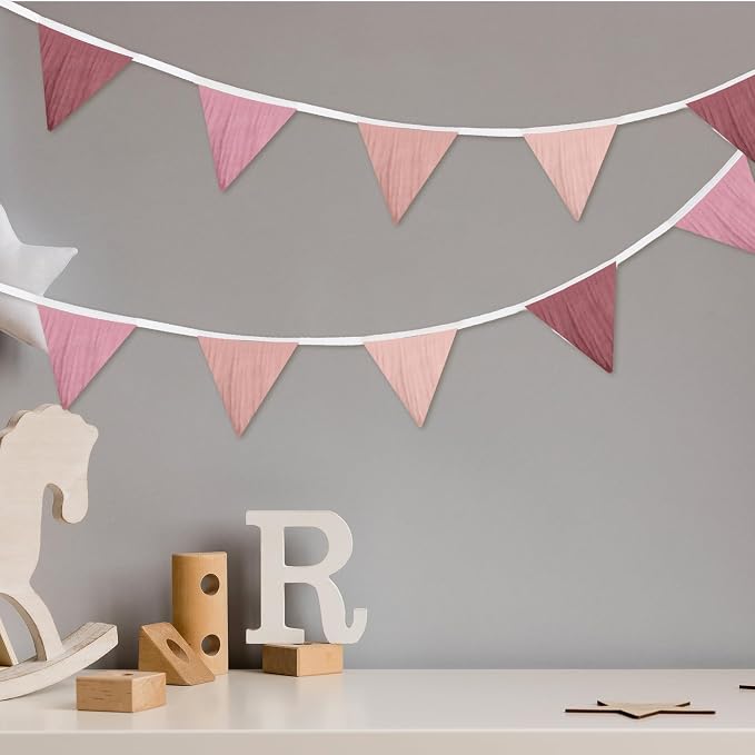 Oudain 2 Pcs Pennant Banner Flags Nursery Garland Triangle Bunting Flags Playroom Wall Decor Banner for Nursery Baby Shower Birthday Boho Wedding Party Event, Each 7.75 ft(Pink Color)