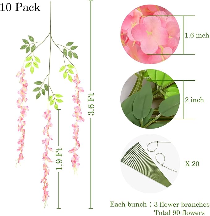 BLEUM CADE 10Pcs Deep Pink Fake Wisteria Hanging Flowers, 3.6Ft/Pcs Artificial Wisteria Garland, Hanging Flowers for Wedding Party Home Backdrop Wall Decoration