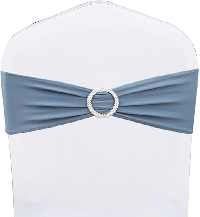 Spandex Dusty Blue Chair Sashes 100 Pack for Wedding Party Decorations, Elastic Chair Bands Bows for Party, Without White Chair Covers (Dusty Blue)