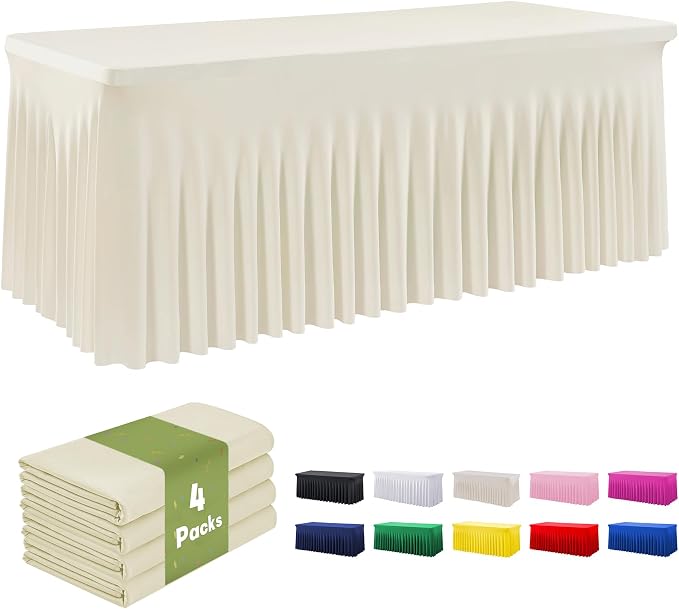 Leegleri 4 Pack Ivory Spandex Tablecloths for 8ft Rectangle Tables, Wrinkle Free Fitted Table Cloths with Skirt for Parties, Weddings, Birthday, Banquet, Baby Shower