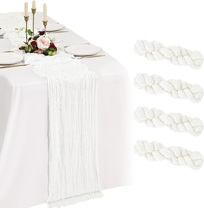 4 Pack Cheesecloth Table Runner 10FT Ivory White Table Runner Boho Gauze Cheese Cloth Table Runners Long Rustic Sheer Table Decorations for Wedding Party Baby Bridal Shower Birthday Holiday Spring