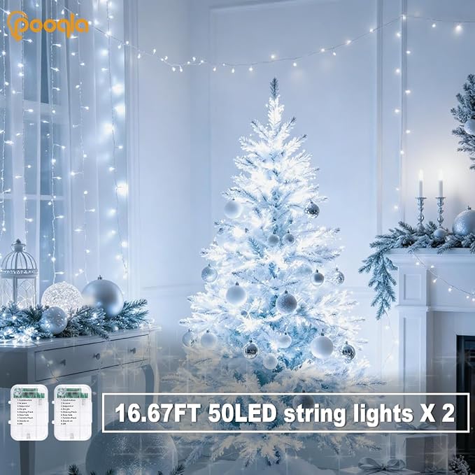 Pooqla 2 Pack String Lights Battery Operated, Total 33.3ft 100 LED Fairy Lights Indoor Outdoor Decorations, 8 Modes Cool White Battery Christmas Lights for Bedroom Classroom Porch Party Yard Decor