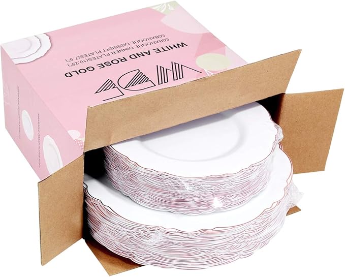 WDF 100pcs Rose Gold Plastic Plates-Baroque White &Rose Gold Disposable Plates including 50Plastic Dinner Plates 10.25inch,50Salad Plates 7.5inch for Wedding/Parties/Mother's Day