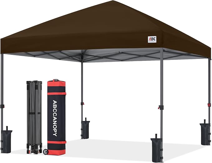 ABCCANOPY 10x10 Pop Up Canopy Tent, Easy Setup Instant Shelter with Wheeled Bag, Heavy Duty Outdoor Canopy for Beach, Market, Backyard, UV Protection, Outdoor Weather Protection (Brown, 10x10)