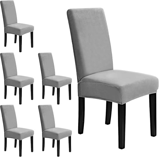 MOSAYT Velvet Stretch Chair Covers for Dining Room Set of 6 - Soft Slipcovers with Thick Removable Fabric for Parsons Chairs, Washable Seat Protectors for Kitchen, Banquet & Home Decor, Silver Grey