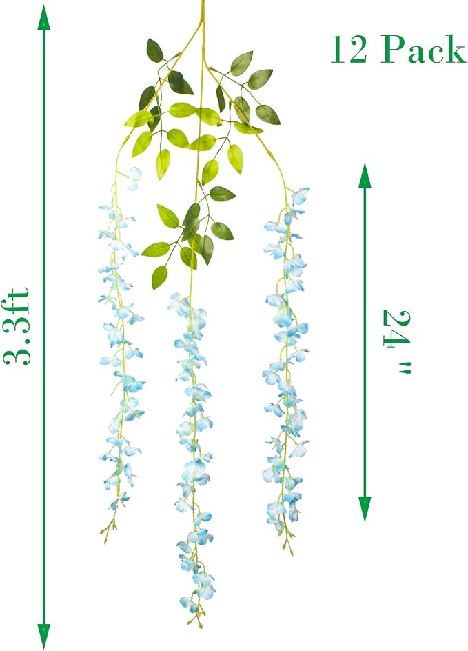 AITISOR 12 Pack Artificial Flowers Silk Wisteria Vine Ratta Hanging Flower (Sky Blue)