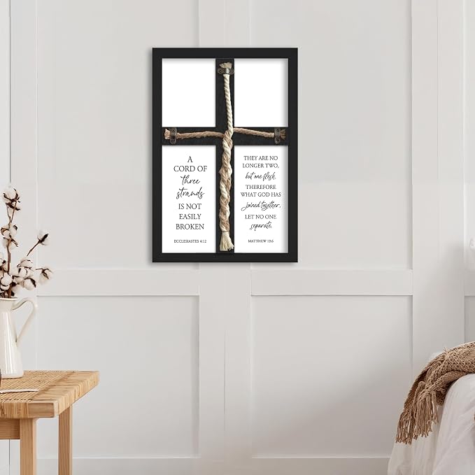 A Cord of Three Strands Wedding Unity Cross Sign Braided Rope Ceremony Art | 15x10 Inch Rustic Farmhouse Black Wood Framed, Christian Marriage Prayer Wall Decor for Couples, Anniversaries & Prayer Rooms
